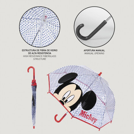 kinderparaplu Mickey 71 cm polyester transparant