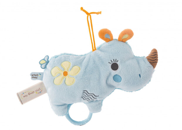 muziekknuffel Manuffi 2D neushoorn 20 cm pluche blauw