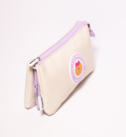 etui Line Friends 21,5 x 12 cm polyester cr&egrave;me/paars