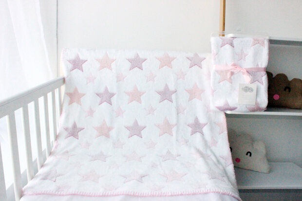 babydeken Star 75 x 100 cm junior fleece/flanel wit/roze