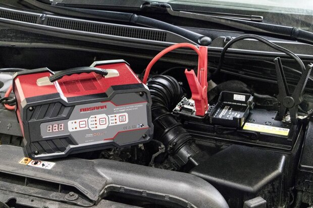 acculader + jumpstarter 6/12 Volt 25-120 Ah 12 Amp&egrave;re rood