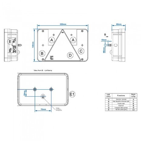 achterlicht 6 functies 12 Volt 21,8 x 14 cm links