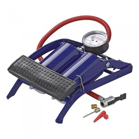 voetpomp dubbele cilinder met manometer 7 bar blauw