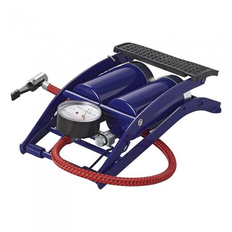 voetpomp dubbele cilinder met manometer 7 bar blauw