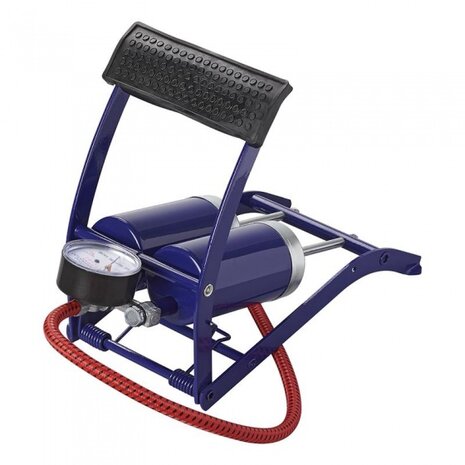 voetpomp dubbele cilinder met manometer 7 bar blauw