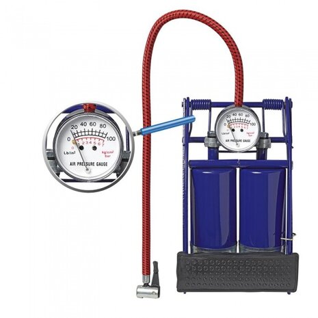 voetpomp dubbele cilinder met manometer 7 bar blauw
