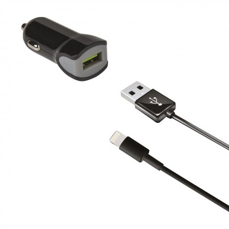 autolader USB 12/24V 2.4A + Lightning-datakabel zwart