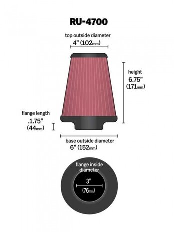 luchtfilter RU-4700 universeel 76 mm &Oslash;102/152 mm rood
