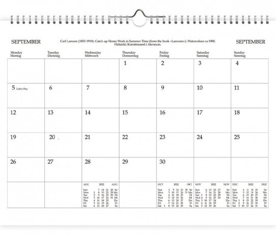 wandkalender Carl Larsson 2022 papier 23 x 31 cm wit