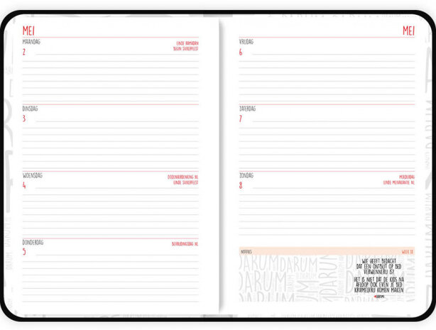 agenda 2022 Darum 12,7 x 17,8 cm papier zwart/rood