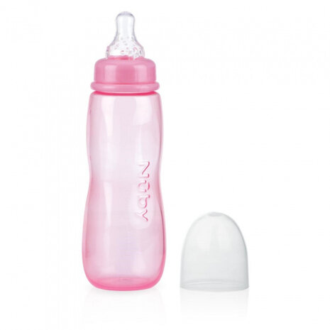 knijpfles met lepel 23 cm siliconen roze 2-delig