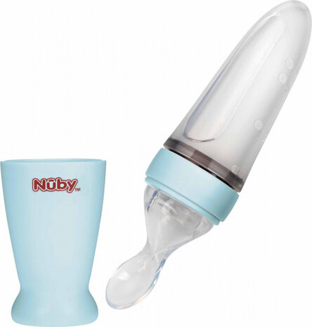 knijpfles met lepel 23 cm siliconen blauw 2-delig