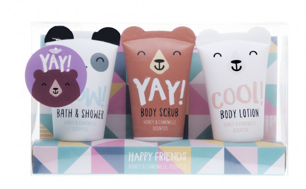 badgeschenkset junior Happy Friends 3-delig wit/bruin