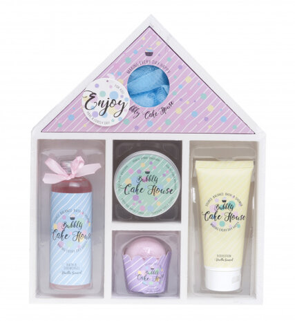 badgeschenkset Cake House hout 5-delig wit/roze