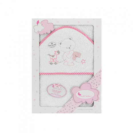 badhanddoek beer junior 100x100 cm katoen wit/roze