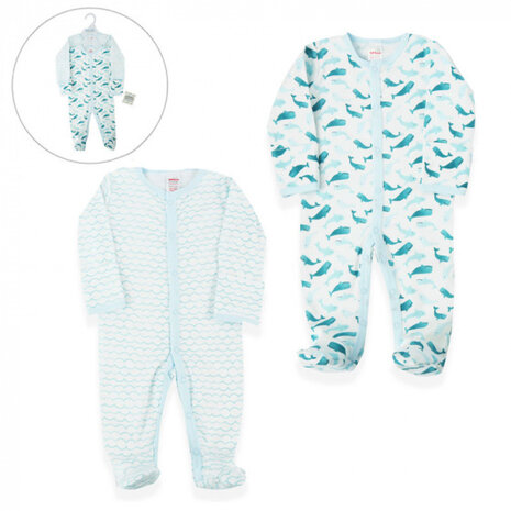 onesie Whale junior katoen blauw/wit 2 stuks mt 50/56
