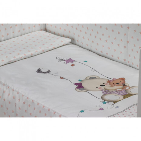 bedtextielset Beer 60 x 120 cm katoen wit/roze 3-delig