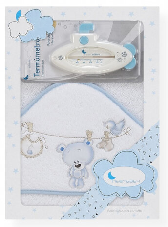 badcape en thermometer 100 cm katoen wit/blauw 2-delig