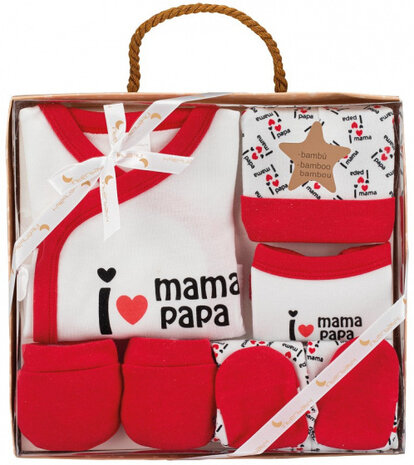 babykledingset Mama Papa katoen rood maat 50/68