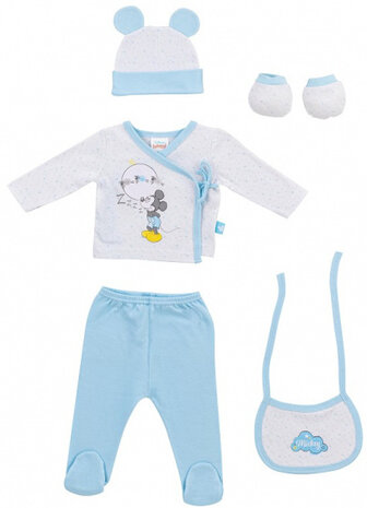 babykledingset Mickey Mouse katoen blauw/wit 6-delig