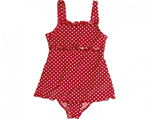 badpak UV-werend met rok gestipt rood maat 122/128