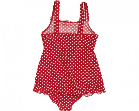 badpak UV-werend met rok gestipt rood maat 122/128