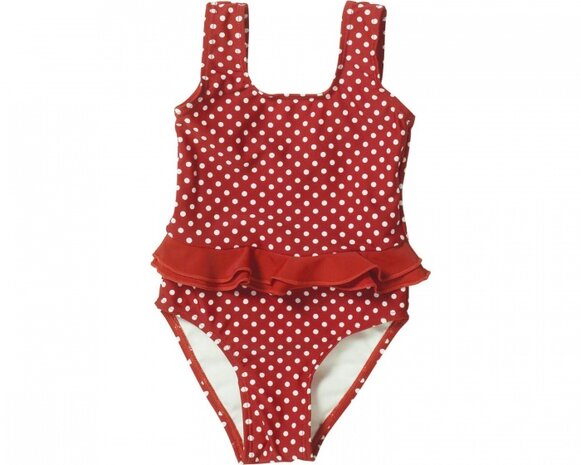 badpak UV-werend gestipt rood maat 98/104