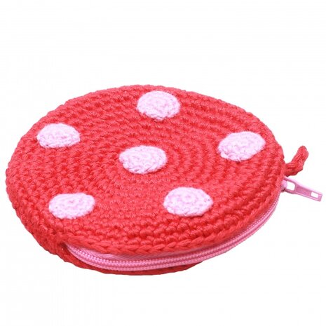 etuitje rond met stippen 8 cm rood/roze