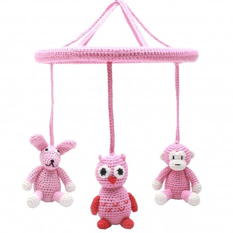 mobiel (konijn, uil, aap) gehaakt meisjes 24 cm roze