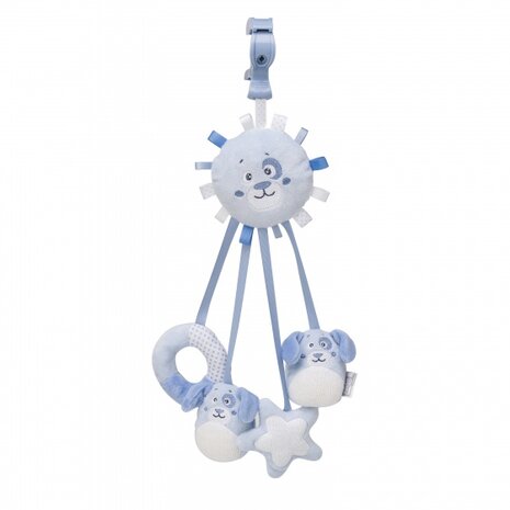 hangfiguur met linten en rammelaar hond blauw