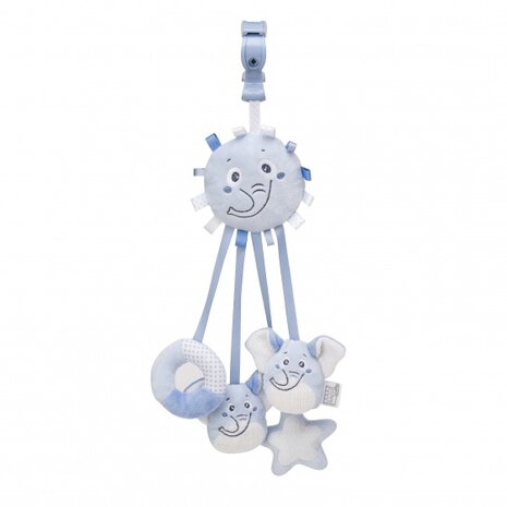 hangfiguur met linten en rammelaar olifant blauw