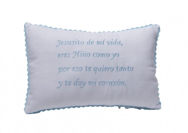 decoratiekussen Jesusito de mi vida 30 cm wit/blauw