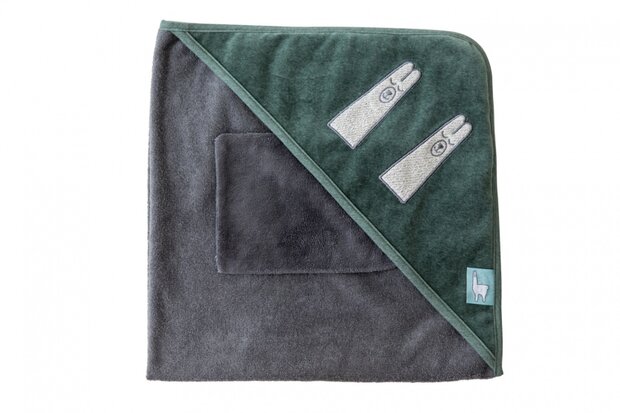 badcape met washandje Lama 80 x 80 cm grijs/groen