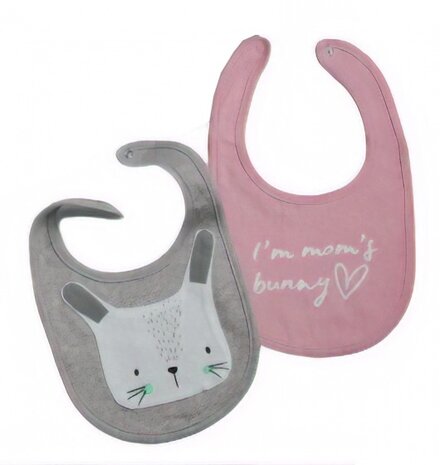slabbetjes bunny katoen grijs/roze 2 stuks