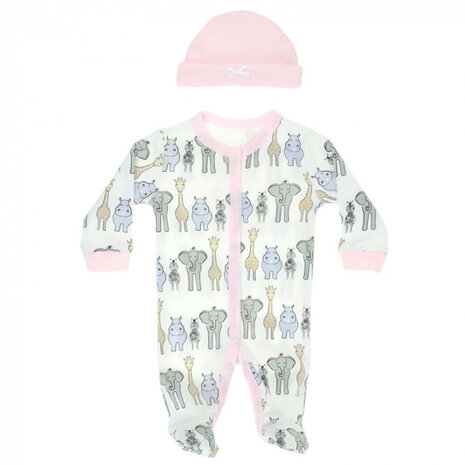 boxpakje met muts Safari meisjes wit/roze maat 50-56