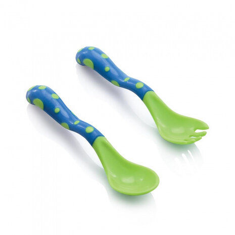 Oefenbestekje lepel en vork blauw/groen 12m+