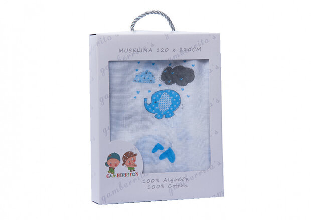 hydrofiel doek blauwe olifanten met wolken 120 x 120 cm