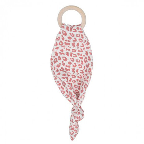 bijtring Leopard meisjes 16 cm hout/katoen wit/roze