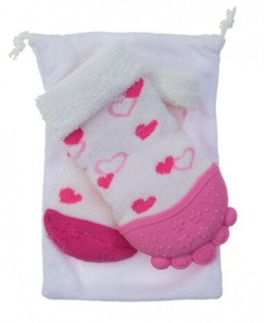 bijtsokje junior 17 cm siliconen/textiel roze 3-delig
