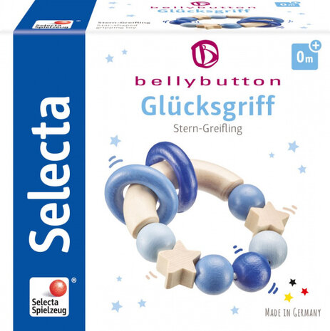 grijpring Geluksgreep jongens 10 cm hout naturel/blauw