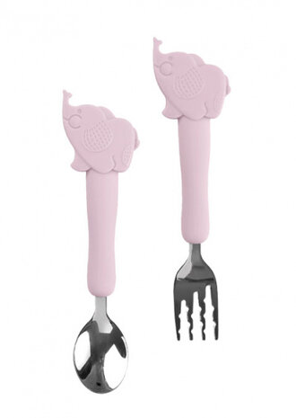 bestekset Little Elephants siliconen/RVS roze 2-delig