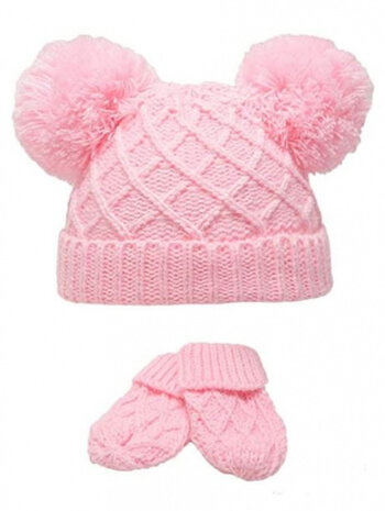 babymuts en wanten Diamond Knit acryl roze 2-delig