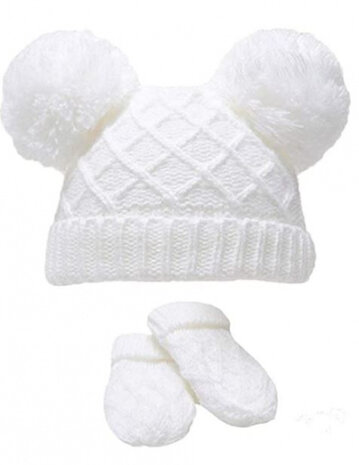 babymuts en wanten Diamond Knit acryl wit 2-delig