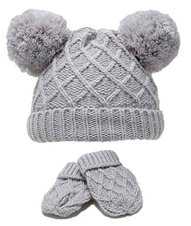 babymuts en wanten Diamond Knit acryl grijs 2-delig