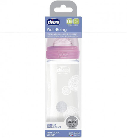 zuigfles 240 ml polymeer/siliconen roze/transparant