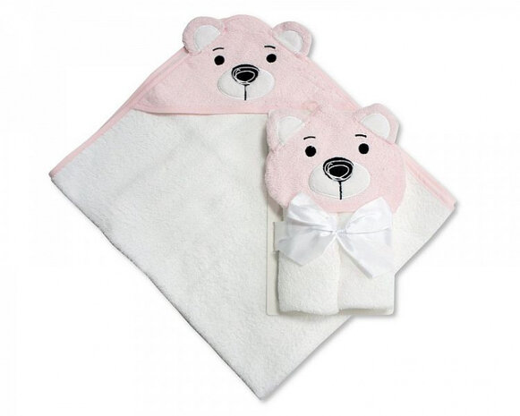 badcape Beertje 75 x 75 cm katoen wit/roze