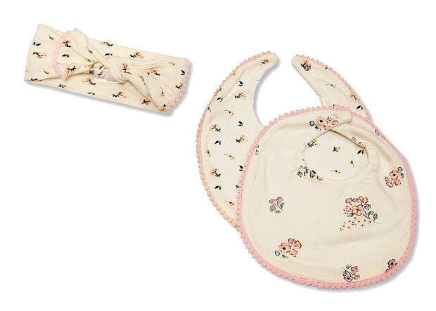 babyset slabben en hoofdband cr&egrave;me/roze 3-delig