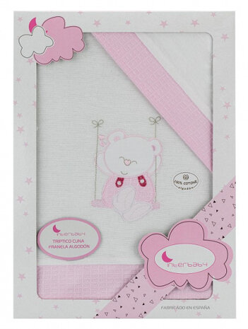 lakenset wieg Beer 152 x 102 cm katoen roze 3-delig