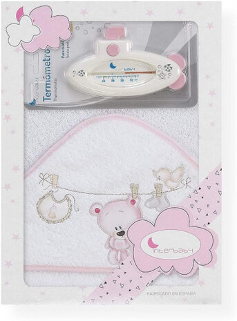 badcape en thermometer 100 cm katoen roze 2-delig