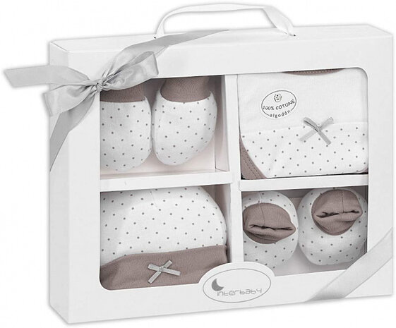 babyaccessoires Newborn katoen wit/taupe 4-delig